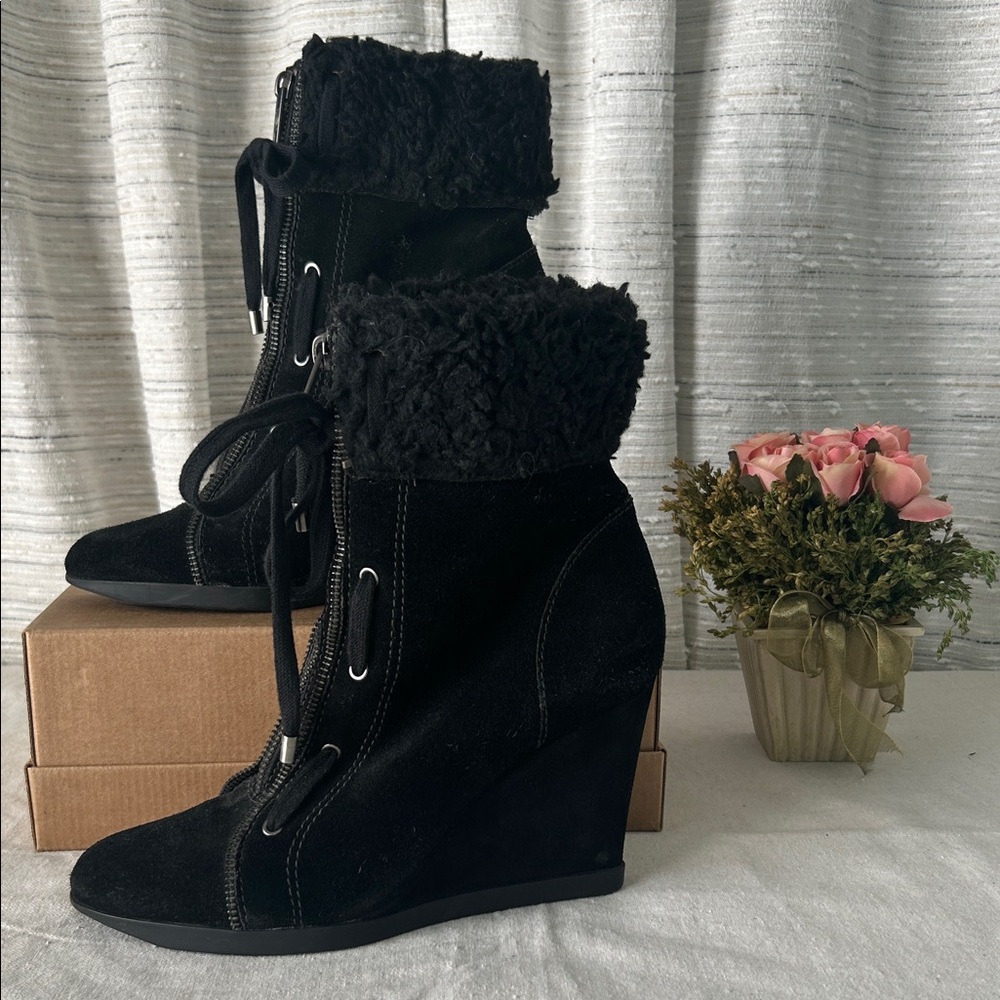 Juicy Couture Black Lace Up Wedge Boots